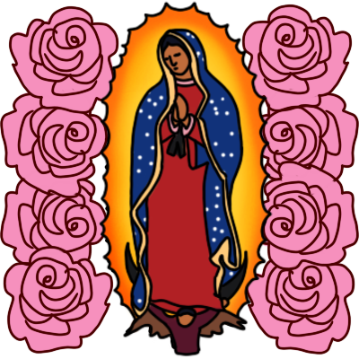 a drawing of Our Lady of Guadalupe, with pink roses on either side of her.